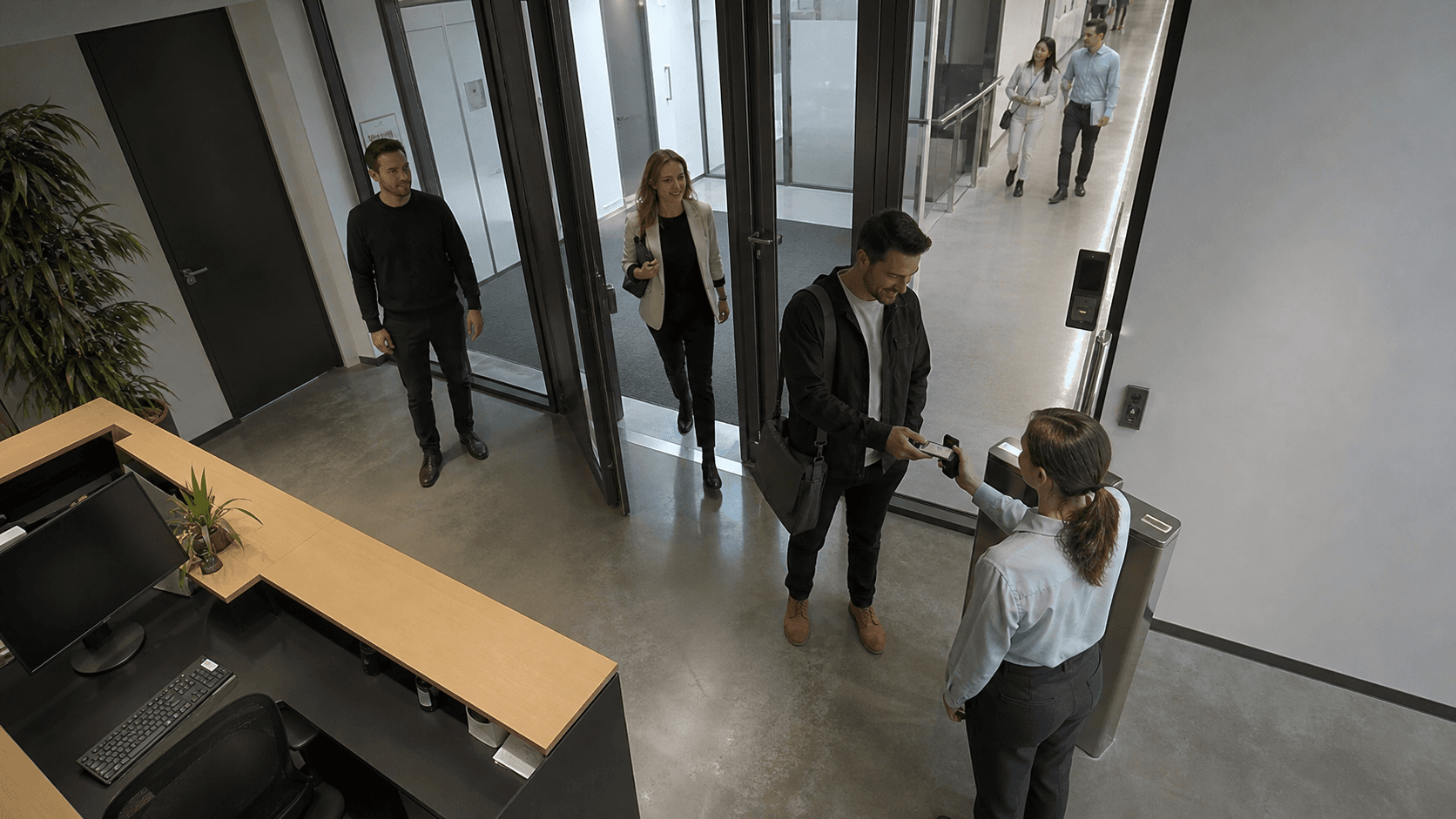 Fixed security camera footage from an organisation building entrance